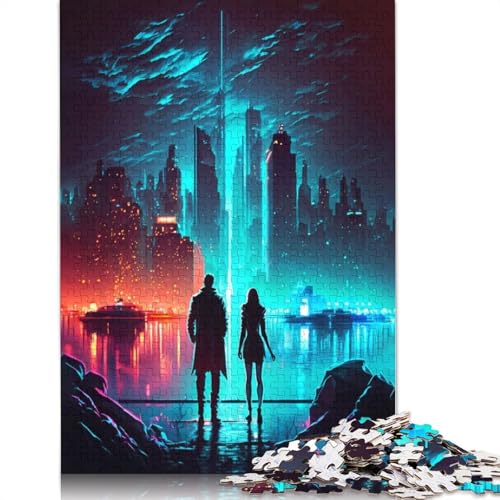 Nachtleben Neon City, 1000-teiliges Puzzle für Erwachsene, Spielzeug, Denkspiel, Lernspiel für Erwachsene, Stressabbau, Heimdekoration (75 x 50 cm) von QBIREX