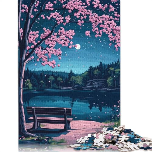 Nächtlicher See mit Kirschblüten-Puzzle, schwierig, 100% recycelter Karton, Puzzle für Erwachsene, 1000 Teile (75 x 50 cm) von QBIREX