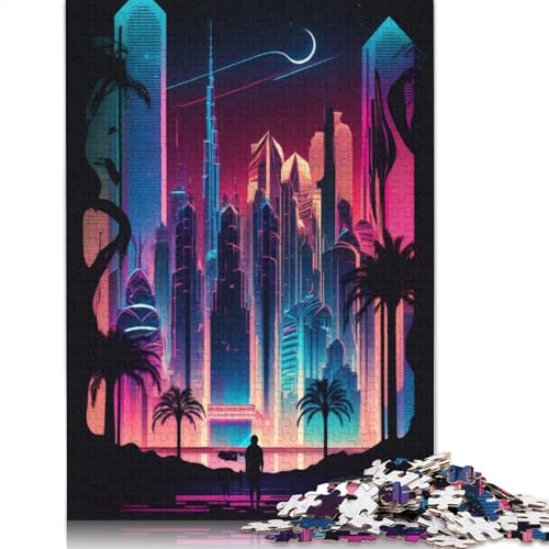 Neon Dubai Skyline Puzzle, Dekompressionsspielzeug, rechteckiges Papierpuzzle für Kinder und Erwachsene ab 12 Jahren, 1000 Teile (75 x 50 cm) von QBIREX