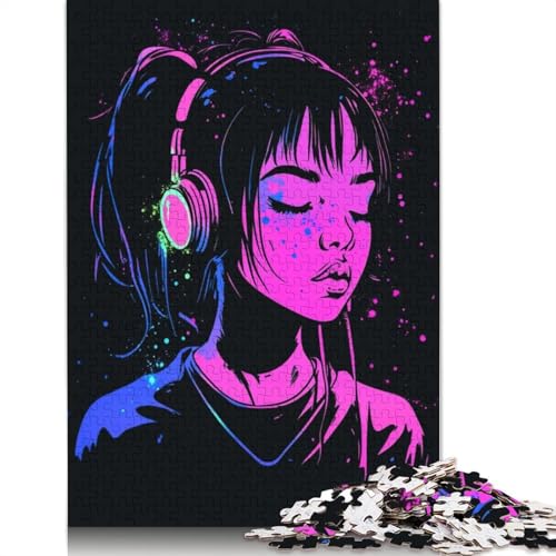 Neon-Mädchen-Kopfhörer-Puzzle, DIY-Spiel, rechteckiges Papierpuzzle für Jungen oder Mädchen, Geburtstagsgeschenk, 1000 Teile (75 x 50 cm) von QBIREX