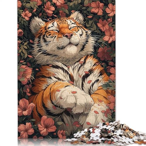 Niedlicher schlafender Tiger mit Sakura-Puzzle für Erwachsene, 520 Teile, Heimdekoration, ungewöhnliche Puzzles für Erwachsene, für Jungen oder Mädchen, 520 Teile (52 x 38 cm) von QBIREX