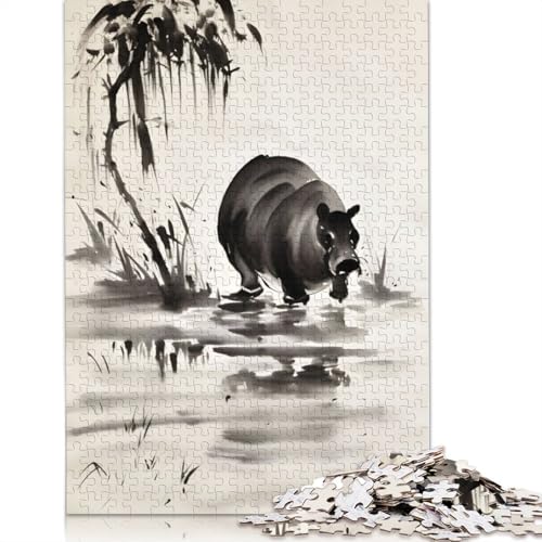 Nilpferd-Illustrations-Puzzle, herausfordernd und knifflig, 100 Prozent recycelter Karton, Puzzle für Erwachsene, Geburtstagsgeschenk für Teenager, 1000 Teile (26 x 38 cm) von QBIREX