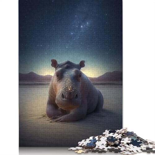 Nilpferd unter den Sternen Puzzle, rechteckiges Holzbrett, Geschenk für Kinder ab 12 Jahren, 1000 Teile (75 x 50 cm) von QBIREX