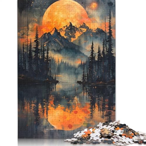Oranger Mond über den Bergen, Puzzle für Erwachsene, Premium-Puzzle aus 100% recyceltem Brett, schwierige Puzzles für Kinder ab 12 Jahren, 520 Teile (52 x 38 cm) von QBIREX