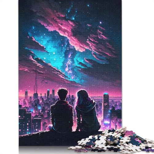 Paar-Silhouetten, Nacht-Stadtbild, Puzzle 1000 Teile für Erwachsene, Holzpuzzle, Gehirntraining, Herausforderung, Spiel, Unterhaltung, Geschenke, Familienaktivität (38 x 26 cm) von QBIREX