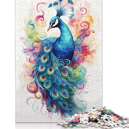 Pfauen-Aquarell-Puzzle für Erwachsene, Premium-Puzzle aus 100% recyceltem Brett, Problemlösungspuzzles für Erwachsene und Kinder, 1000 Teile (75 x 50 cm) von QBIREX