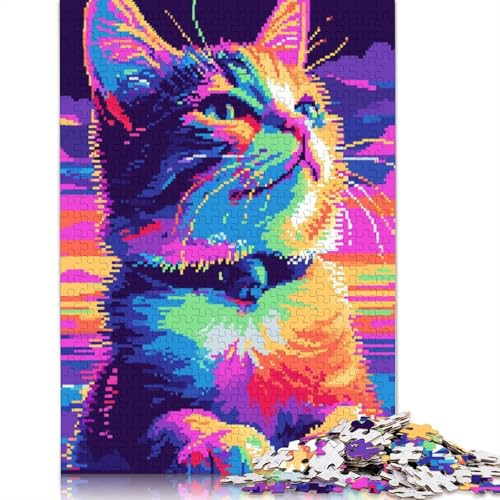 Pop-Art-Puzzle mit süßer Cartoon-Katze, rechteckiges Holzbrett-Puzzle, Geschenk für Kinder ab 12 Jahren, 1000 Teile (75 x 50 cm) von QBIREX