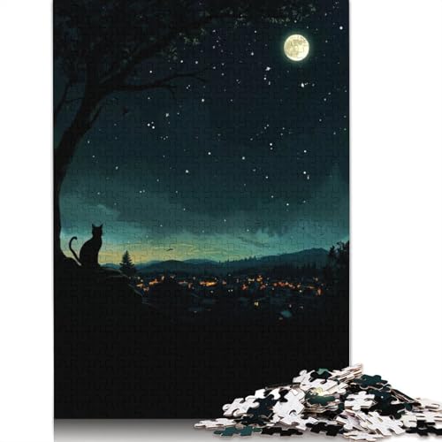 Poster, Bild, Metalldruck, Gemälde „Cat Black Moon“ von Nice Japan, Puzzle für Erwachsene, 1000 Teile, anspruchsvolle Familienspiele, Denkspiele für Kinder ab 12 Jahren, 1000 Teile (75 x 50 cm) von QBIREX