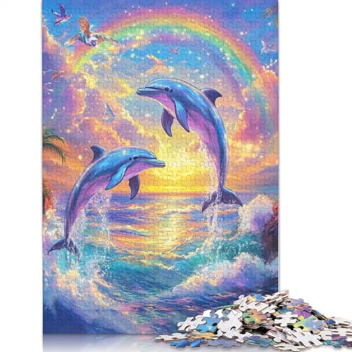 Puzzle „Delfine springen im Regenbogen bei Sonnenuntergang“, Premium-Puzzle aus 100% recyceltem Kartonpapier, rechteckig, für Damen und Herren, einzigartiges Geschenk, 1000 Teile (75 x 50 cm) von QBIREX