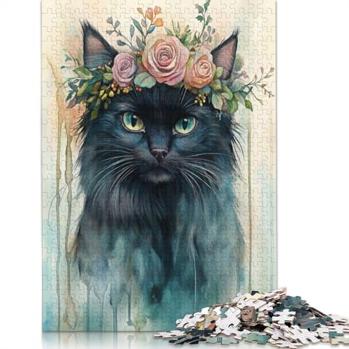 Puzzle „Schwarze Katze mit Blumenkrone“, 100% Recyclingkarton, 100% Recyclingkarton, Puzzle als Geschenk für Jungen, 1000 Teile (75 x 50 cm) von QBIREX