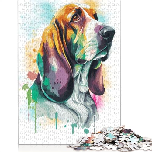 Puzzle für Erwachsene, Aquarell-Basset-Hound, 1000-teiliges Puzzle, Holzpuzzle für Erwachsene und ab 18 Jahren, Familienaktivität, 1000 Teile (75 x 50 cm) von QBIREX