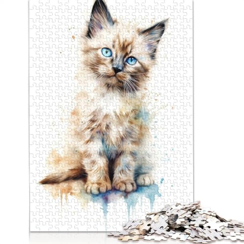 Puzzle für Erwachsene, Aquarell-Birma-Katzenbaby, 1500-teiliges Puzzle, Holzpuzzle für Erwachsene und ab 18 Jahren, Spiele, Spielzeug, Geschenk, 1500 Teile (85 x 57 cm) von QBIREX