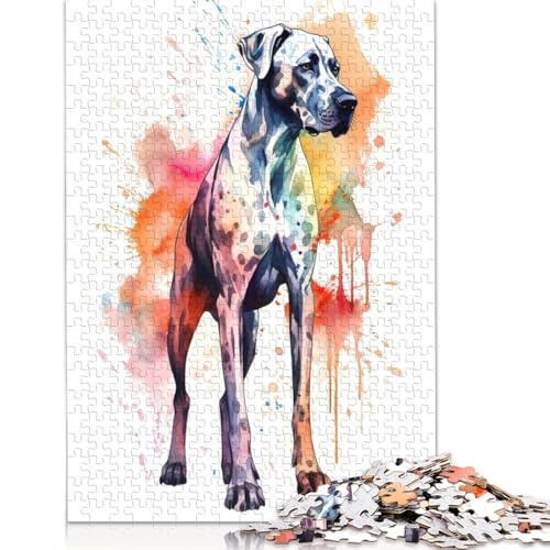 Puzzle für Erwachsene, Deutsche Dogge, Aquarellhund, 1000-teiliges Holzpuzzle für Erwachsene und Personen ab 18 Jahren, schwierig und herausfordernd, 1000 Teile (75 x 50 cm) von QBIREX