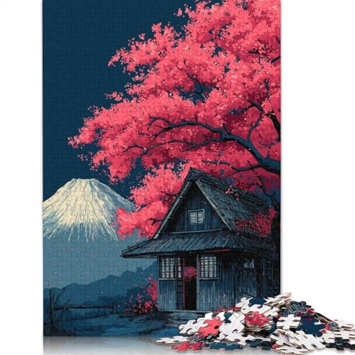 Puzzle für Erwachsene, Japanisches Haus mit Kirschblütenbaum, Puzzles für Erwachsene, Lernspiel, Herausforderungsspielzeug, 1000 Teile (75 x 50 cm) von QBIREX