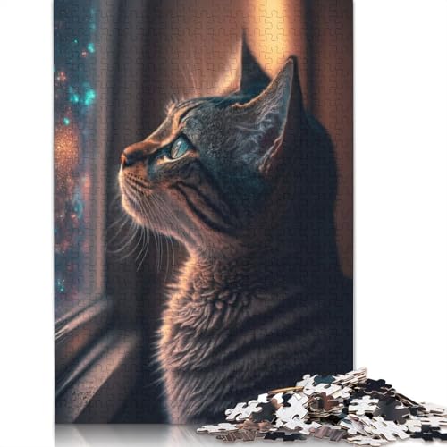 Puzzle für Erwachsene, Katze schaut aus dem Fenster, 520-teiliges Puzzle, Holzpuzzle für Erwachsene und ab 18 Jahren, Spiele, Spielzeug, Geschenk, 520 Teile (52 x 38 cm) von QBIREX