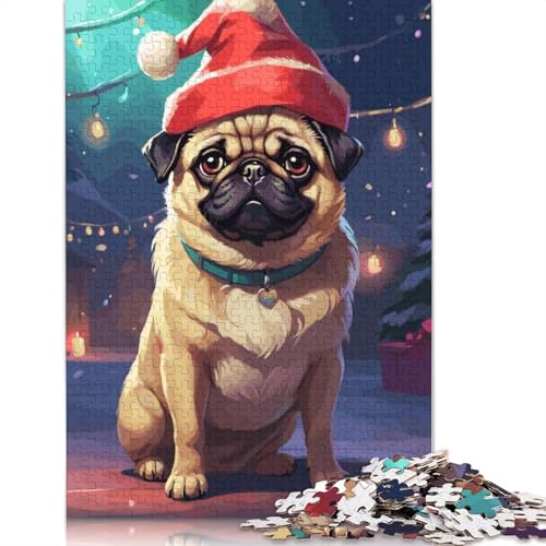 Puzzle für Erwachsene, Mops-Weihnachten, 1000-teiliges Puzzle, Holzpuzzle für Erwachsene und ab 18 Jahren, Spiele, Spielzeug, Geschenk, 1000 Teile (75 x 50 cm) von QBIREX