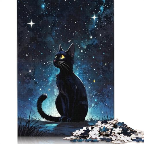 Puzzle für Erwachsene, Schwarze Katze unter Sternenhimmel, 520-teiliges Puzzle, Holzpuzzle für Erwachsene und ab 18 Jahren, tolle Geschenke zu Weihnachten, 520 Teile (52 x 38 cm) von QBIREX