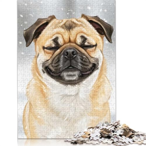 Puzzle für Erwachsene, lächelnder Mops im Winter, Schneefall, Puzzles für Erwachsene, Lernspiel, Herausforderungsspielzeug, 1000 Teile (75 x 50 cm) von QBIREX