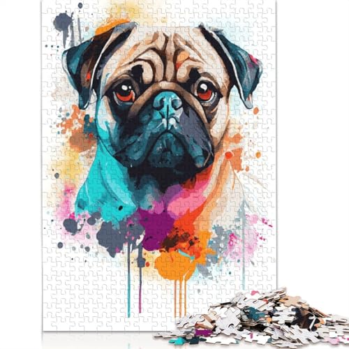 Puzzle für Erwachsene, süße Aquarell-Mopskunst, 1500-teiliges Puzzle, Holzpuzzle für Erwachsene und ab 18 Jahren, Spiele, Spielzeug, Geschenk, 1500 Teile (85 x 57 cm) von QBIREX