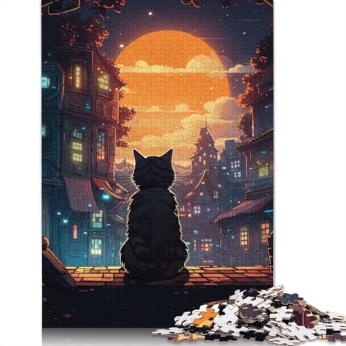 Puzzle mit 1000 Teilen, Katze, Mond, Nacht, Tier, interessanter Stressabbau, Beste Puzzles für Kinder ab 12 Jahren, 1000 Teile (75 x 50 cm) von QBIREX