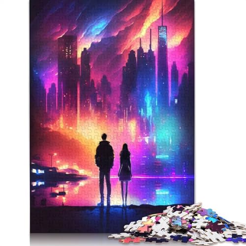 Puzzle mit 1000 Teilen, lebendiges Neon-Stadtpaar, Schwierigkeitsgrad, Lernspiele, Spielzeug, (75 x 50 cm) von QBIREX