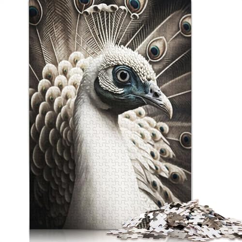 Puzzle mit weißem Pfauenporträt, Lernspiele, Familienaktivitäten, Premium-Karton-Puzzle für Frauen und Männer, 1000 Teile (75 x 50 cm) von QBIREX