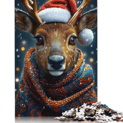 Rentier mit Weihnachtsmütze und Schal, Puzzle, DIY-Spiel, Premium-Karton-Puzzle für Frauen und Männer, 1000 Teile (75 x 50 cm) von QBIREX