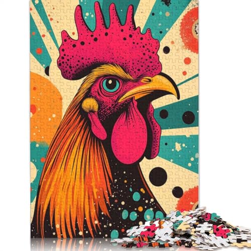 Retro-Hahn-Illustration, lebendiges Hahn-Puzzle, schwierig, 100% recycelter Karton, Puzzle, 1000 Teile (75 x 50 cm) von QBIREX