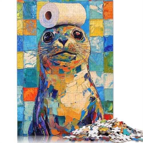 Robbe mit Toilettenpapierhut, Puzzle, Lernspiele, Familienaktivitäten, Premium-Karton-Puzzle für Frauen und Männer, 1000 Teile (75 x 50 cm) von QBIREX