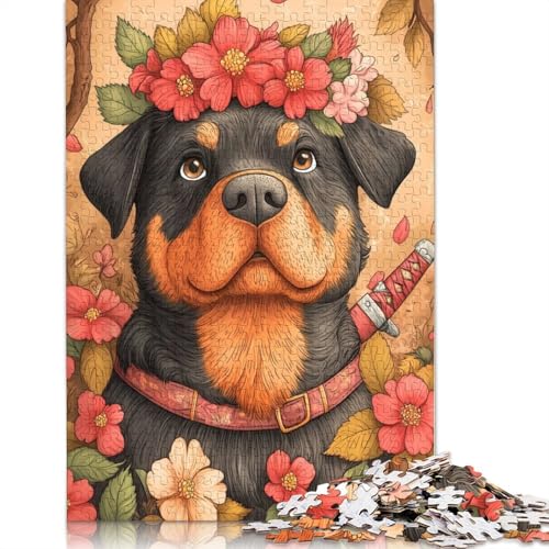 Rottweiler mit Blumen, Tierpuzzle, Dekompressionsspielzeug, rechteckiges Papierpuzzle für Erwachsene ab 12 Jahren, 1000 Teile (75 x 50 cm) von QBIREX