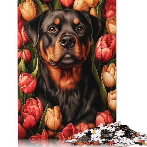 Rottweiler mit Tulpen-Puzzles, 1000 Teile, Papierpuzzles für Erwachsene und Teenager, Familienspiel, 1000 Teile (38 x 26 cm) von QBIREX