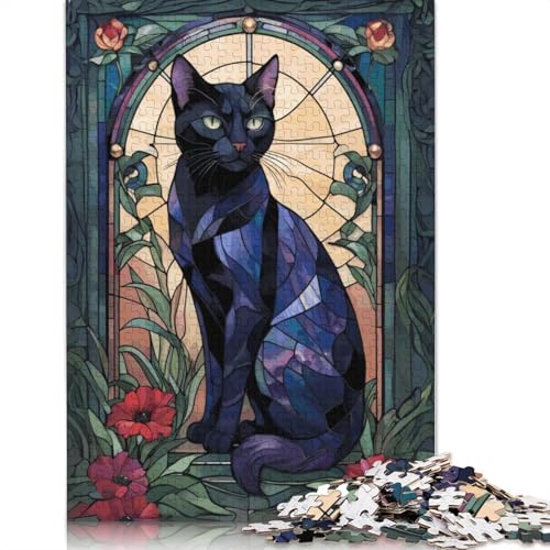 Schwarze Katze, Buntglas, 520-teiliges Puzzle, ab 18 Jahren, Lernspiele, Puzzles für Erwachsene, für Frauen, für Kinder ab 12 Jahren, 520 Teile (52 x 38 cm) von QBIREX