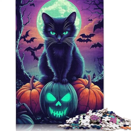 Schwarze Katze, Halloween, 1000-teiliges Puzzle, Papierpuzzle für Teenager, lustiges Puzzle, 1000 Teile (38 x 26 cm) von QBIREX
