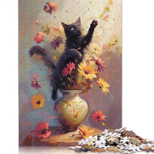 Schwarze Katze, springende Blumen, Puzzle, DIY-Spiel, rechteckiges Papierpuzzle für Jungen oder Mädchen, Geburtstagsgeschenk, 1000 Teile (75 x 50 cm) von QBIREX