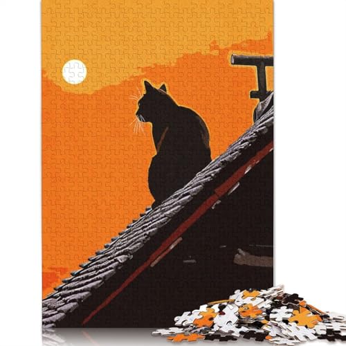 Schwarze Katze auf dem Dach, Puzzle, Lernspiele, Familienaktivitäten, Premium-Karton-Puzzle für Frauen und Männer, 1000 Teile (75 x 50 cm) von QBIREX