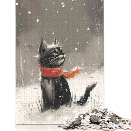 Schwarze Katze im Winterschnee, Puzzle-Spielzeug, Lernspiel, Premium-Karton-Puzzle für Erwachsene und Kinder, 1000 Teile (75 x 50 cm) von QBIREX