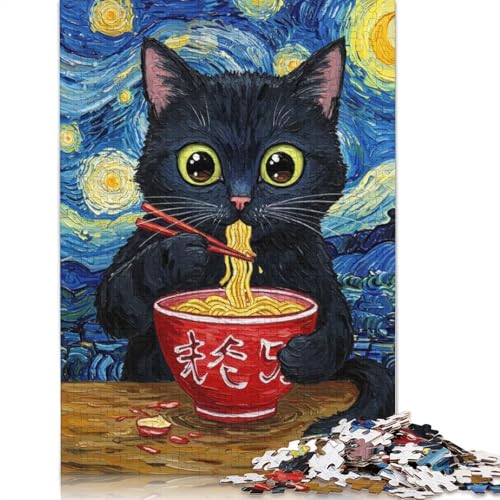 Schwarze Katze isst Ramen, Puzzle im Van-Gogh-Stil, Premium-Puzzle aus 100% recyceltem Brett für Kinder und Erwachsene, 1000 Teile (75 x 50 cm) von QBIREX