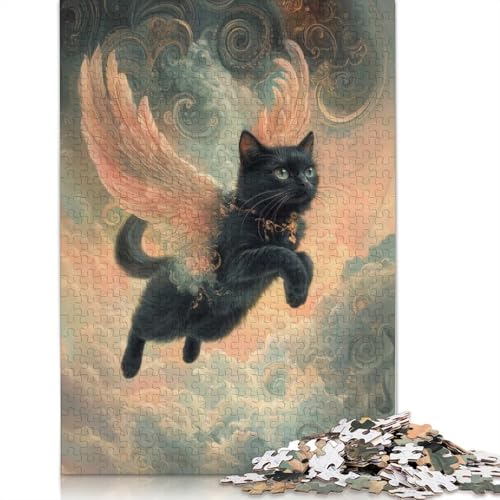 Schwarze Katze mit Flügeln, Fantasy-Katzen-Tribut-Puzzle, Entspannungs-Herausforderung, Spielzeug, Papier, rechteckiges Puzzle für Jungen oder Mädchen, 1000 Teile (75 x 50 cm) von QBIREX