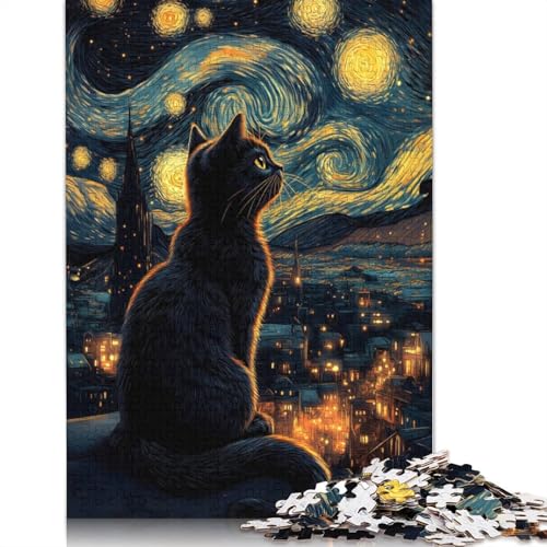 Schwarze Katze unter der Sternennacht, Puzzle für Erwachsene, Lernspiel, Puzzle, Geschenke für Kinder ab 12 Jahren, 520 Teile (52 x 38 cm) von QBIREX