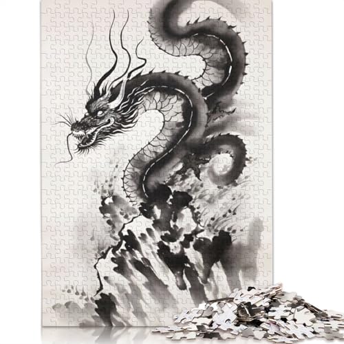 Schwarzer Drache, Tuschezeichnungspuzzle, einzigartiges rechteckiges Papierpuzzle für die Heimdekoration, für Erwachsene und Teenager, Muttertagsgeschenke, 1000 Teile (26 x 38 cm) von QBIREX
