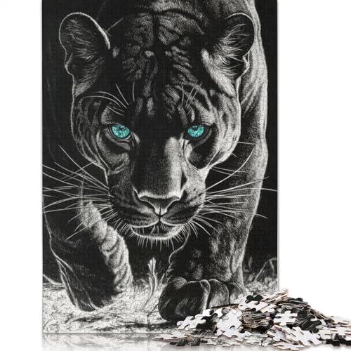 Schwarzer Panther mit blauen Augen, 520-teiliges Puzzle für Erwachsene, 100% recycelte Holzplatte, schwierige Puzzles für Frauen und Männer, 520 Teile (52 x 38 cm) von QBIREX