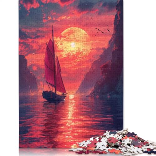 Segelboot im Sonnenuntergang, Puzzle, DIY-Spiel, rechteckiges Papierpuzzle für Jungen oder Mädchen, Geburtstagsgeschenk, 1000 Teile (26 x 38 cm) von QBIREX