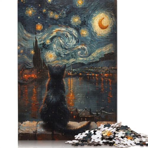 Sternennacht und die Katze Puzzle Familienspaß Rechteckiges Papierpuzzle für Kinder und Erwachsene ab 12 Jahren Geburtstagsgeschenk 1000 Teile (26x38cm) von QBIREX