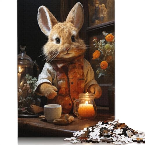 Süße Häschen-Teezeit-Puzzles für Erwachsene und Jugendliche. Holzpuzzles für Erwachsene und Jugendliche. Nachhaltiges Puzzle für Erwachsene | Spiele 1000 Teile (75 x 50 cm) von QBIREX