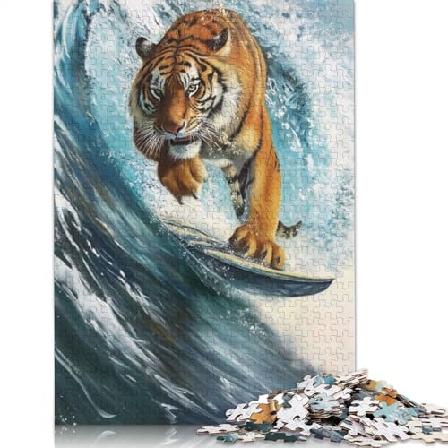 Surfing Tiger Surfer Wave Puzzle-Spielzeug für Erwachsene, Lernspiel, Puzzle-Spiele für Erwachsene für Frauen und Männer, 520 Teile (52 x 38 cm) von QBIREX