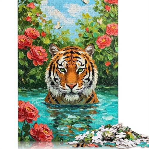 Tiger im Wasser mit Blumen-Mal-Puzzle, 1000 Teile, für Erwachsene und Jugendliche ab 12 Jahren, 1000 Teile (38 x 26 cm) von QBIREX