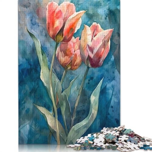 Tulpen-Aquarell-Puzzle, 1500 Teile für Teenager, Geschenke, Holzpuzzle für Erwachsene, Familienspaß-Puzzle, 1500 Teile (85 x 57 cm) von QBIREX
