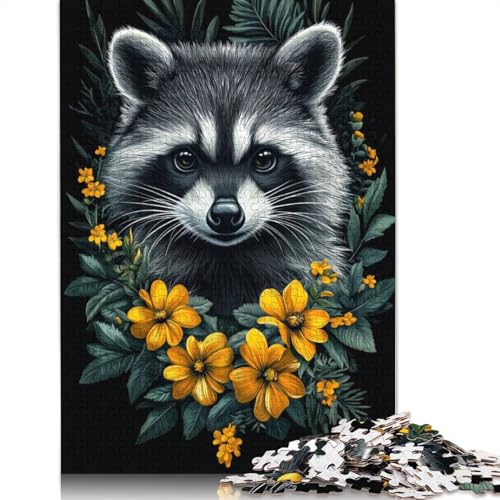 Waschbär mit Blumen, Puzzlespaß, Premium-Karton-Puzzle für Erwachsene und Teenager, 1000 Teile (75 x 50 cm) von QBIREX