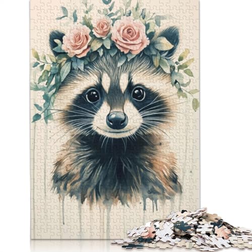 Waschbär mit Blumenkrone, Puzzle, Lernspiele, Familienaktivitäten, Premium-Karton-Puzzle für Frauen und Männer, Geschenk, 1000 Teile (75 x 50 cm) von QBIREX