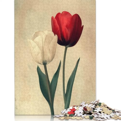 Weiß-rotes Tulpenpaar, Kunst-Puzzle, Denksportaufgabe, 100% recycelter Karton, Puzzle für Kinder und Erwachsene ab 12 Jahren, Vatertagsgeschenk, 1000 Teile (75 x 50 cm) von QBIREX